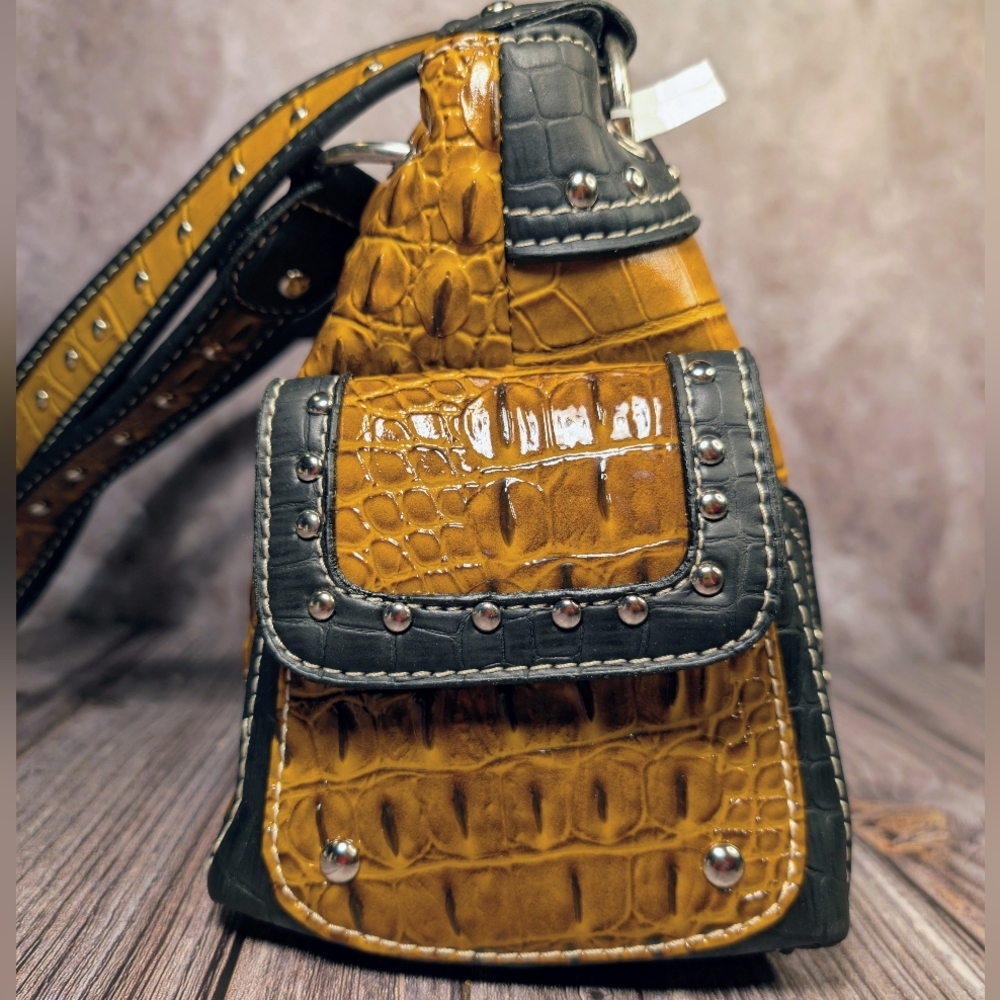 P&G Crocco Embossed Studded Southwestern Hobo Bag With Rhinestones - Picture 3 of 8